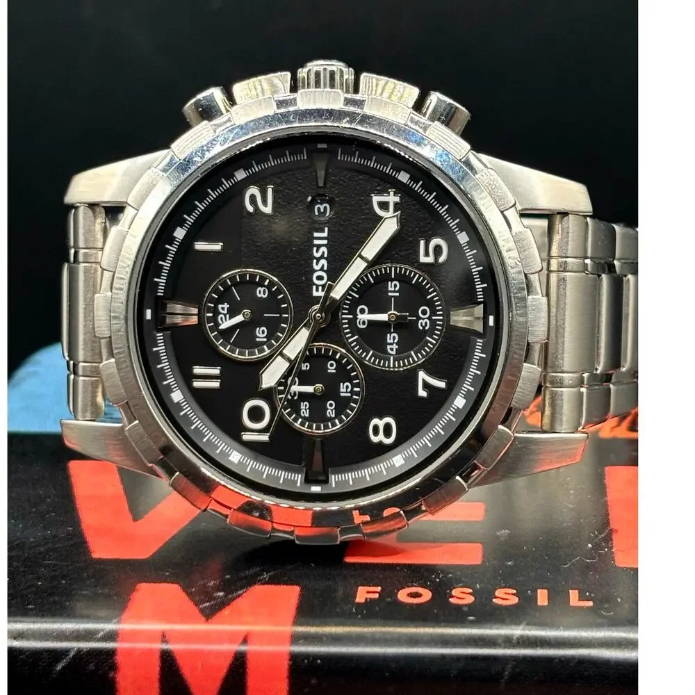 Fossil Dean FS4542 Black Chronograph Silver Tone Stainless Steel Watch 45mm